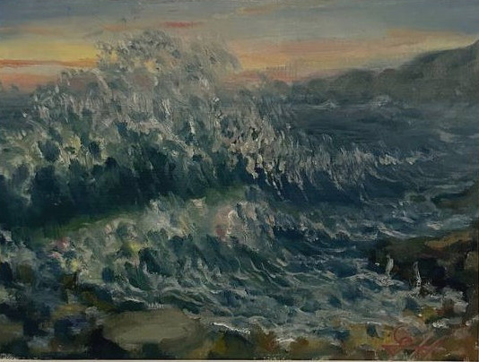 Fighting Waves - painting oil on paper
